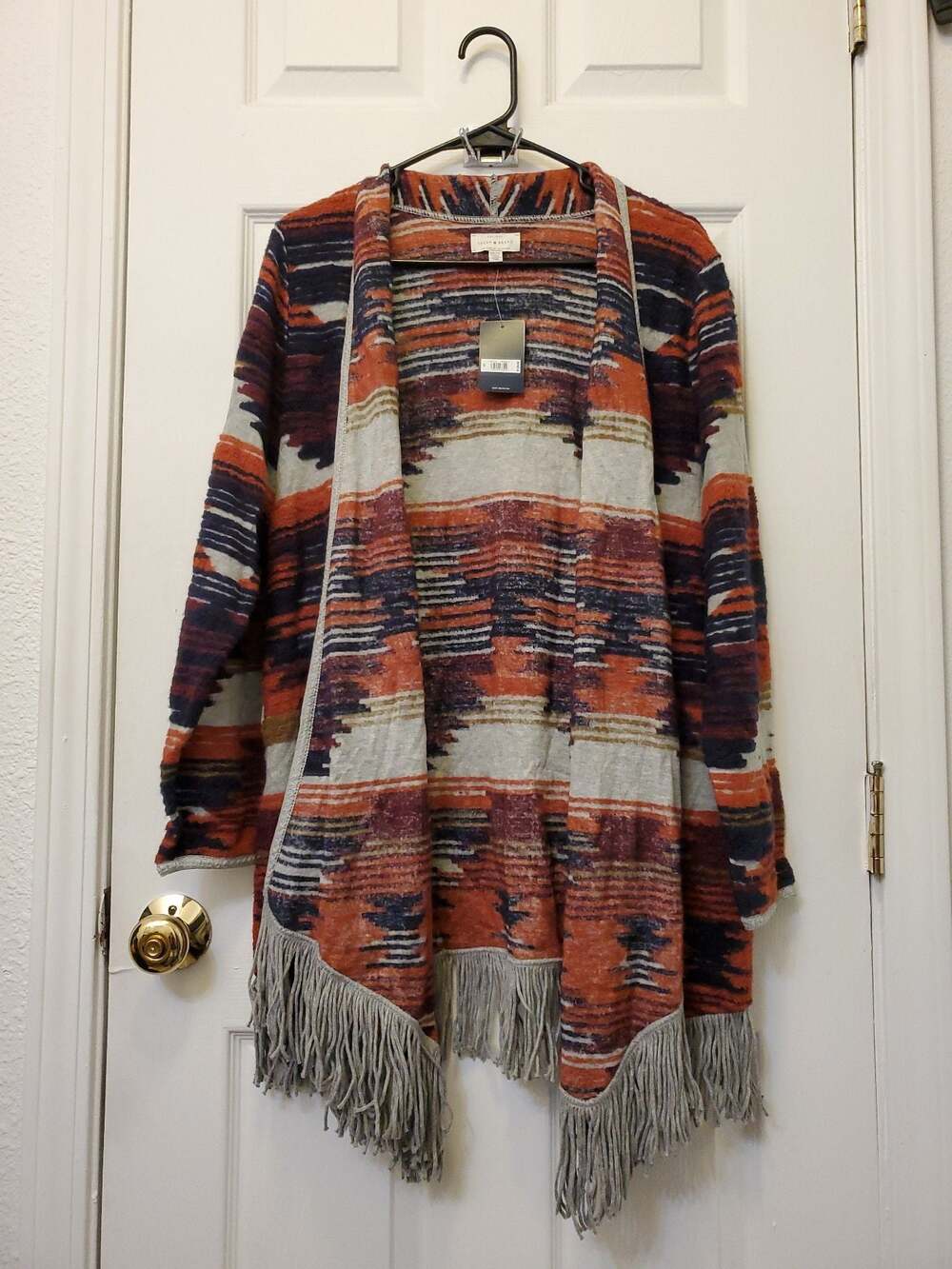 NWT Lucky Brand Size 2X Southwestern Aztec Fringe Open Front Cardigan Sweater